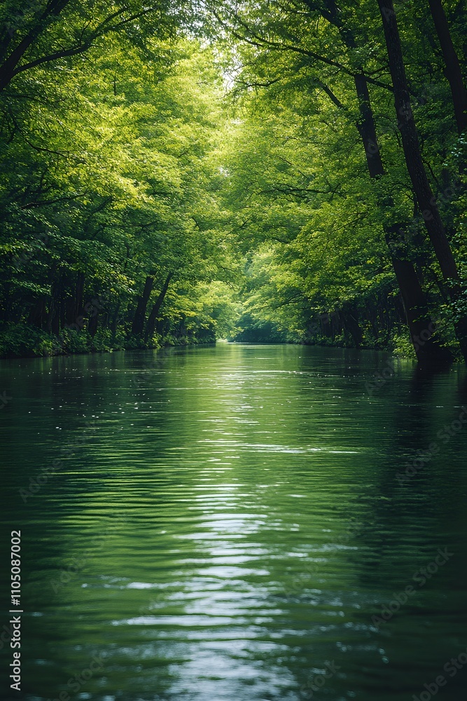 A broad, slow-moving river lined with dense trees, ideal for rafting. The water surface is calm, reflecting the serene surroundings. No rafts or people, evoking the peacefulness of nature. A broad, slow-moving river lined with dense trees, ideal for rafting. The water surface is calm, reflecting the serene surroundings. No rafts or people, evoking the peacefulness of nature.