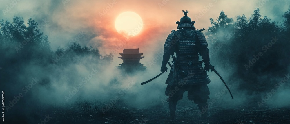 Epic ultrawide samurai scene with a warrior in traditional armor, set against a misty Japanese forest and rising sun. Epic ultrawide samurai scene with a warrior in traditional armor, set against a misty Japanese forest and rising sun.