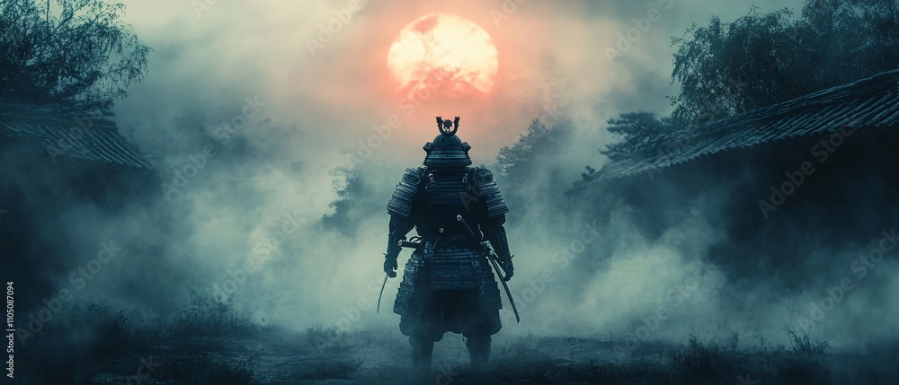 Epic ultrawide samurai scene with a warrior in traditional armor, set against a misty Japanese forest and rising sun. Epic ultrawide samurai scene with a warrior in traditional armor, set against a misty Japanese forest and rising sun.