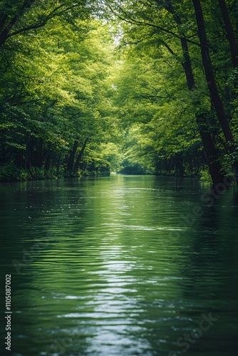 A broad, slow-moving river lined with dense trees, ideal for rafting. The water surface is calm, reflecting the serene surroundings. No rafts or people, evoking the peacefulness of nature.