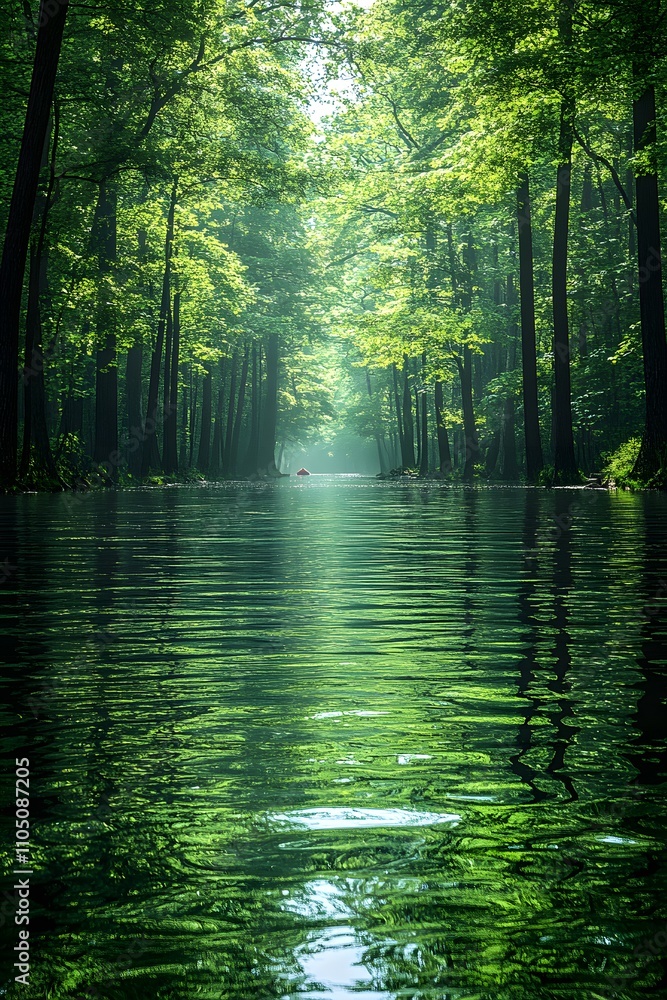 Obraz premium A broad, slow-moving river lined with dense trees, ideal for rafting. The water surface is calm, reflecting the serene surroundings. No rafts or people, evoking the peacefulness of nature.