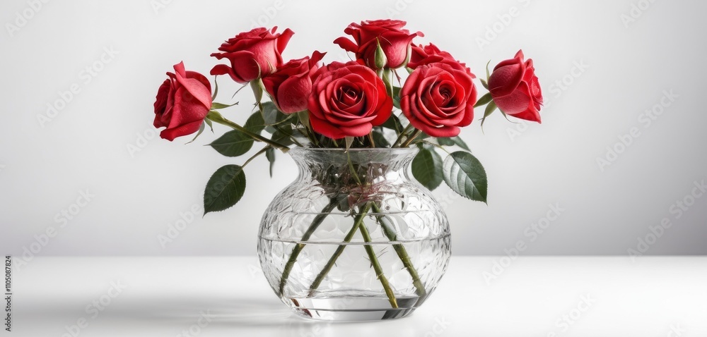 Fototapeta premium A glass vase with red rose flowers arranged beautifully on a white background