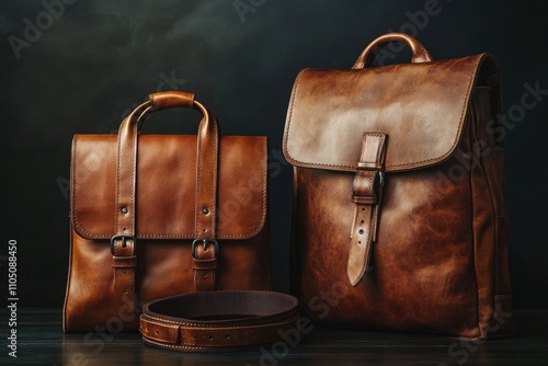 Premium Leather Accessories: Stylish Bags and Belt on Dark Surface, Showcasing Natural Material Craftsmanship photo