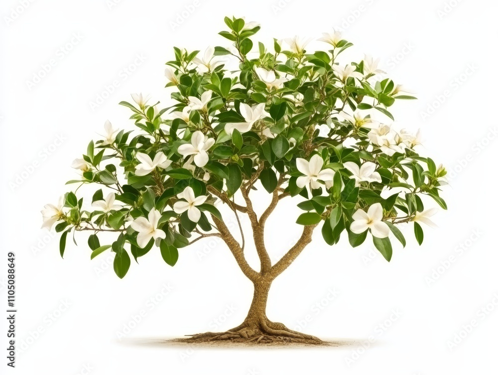 Fototapeta premium Blooming White Gardenia Bonsai Tree Isolated on White