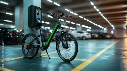 A green and black electric bicycle is plugged into a charging station in a parking garage.