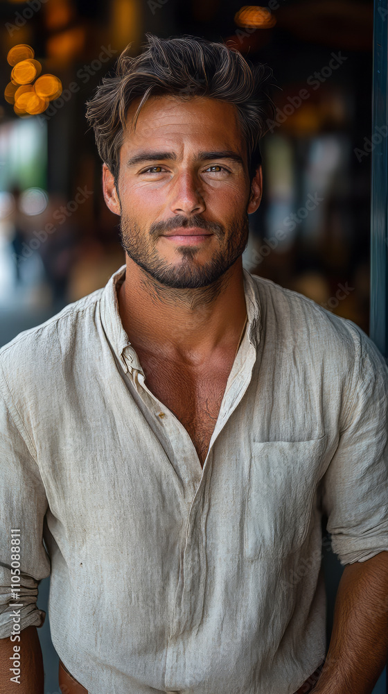 Fototapeta premium Handsome casual dressed man with different with clean shave with Street CafÃ© background.