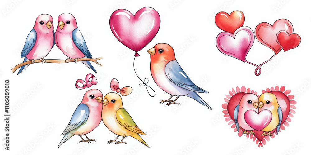 Fototapeta premium Love Birds Watercolor Clipart Set: Adorably drawn watercolor love birds and hearts for creating romantic and sweet designs. Perfect for Valentine's Day, wedding invitations, and more. 