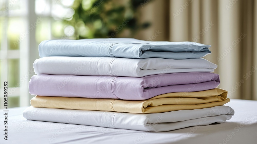 Neatly Arranged Stack of Fresh Cotton Bed Sheets on a Table with Vibrant Colors for Domestic Comfort Neatly Arranged Stack of Fresh Cotton Bed Sheets on a Table with Vibrant Colors for Domestic Comfort