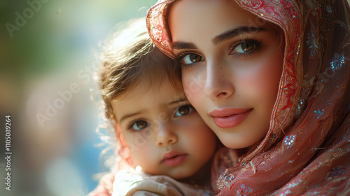 Wallpaper Mural happy saudi woman with her child, dusky rose hue, muted dusky rose background. Torontodigital.ca