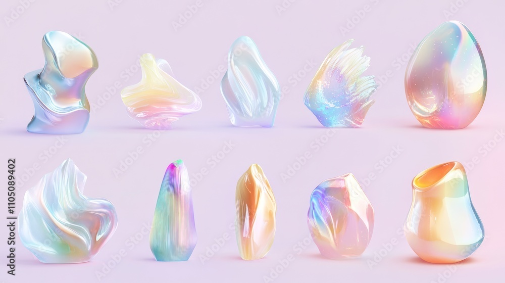Abstract iridescent sculptures in pastel colors