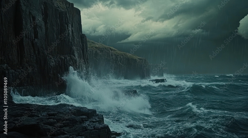 Dramatic coastal scene with crashing waves against dark cliffs during a stormy weather. Dramatic coastal scene with crashing waves against dark cliffs during a stormy weather.