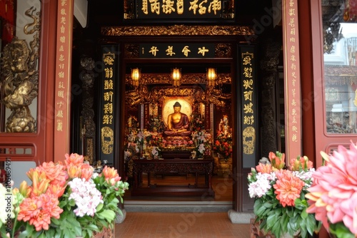 Golden Temple Shrine Buddha Statue Floral Offering photo