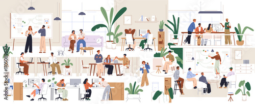 Office interior, modern open space. Professional workspace with employees. Corporate environment, workplace. Business team, daily work routine. Flat vector illustration isolated on white background