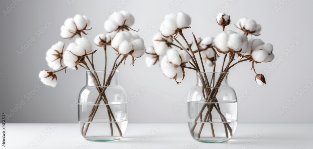 A glass vase with white cotton flowers arranged beautifully on a white background A glass vase with white cotton flowers arranged beautifully on a white background