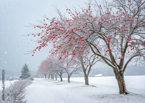 Winter snowfall with red wild ceria fruit trees. Generative AI
 photo