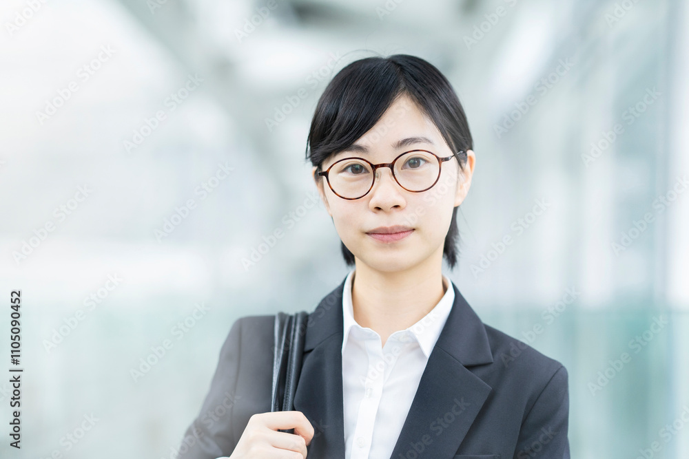 スーツを着て、緊張した表情をしている若い女性 スーツを着て、緊張した表情をしている若い女性