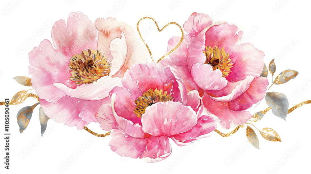 Fototapeta premium Watercolor pink peony flowers with gold ornate isolated on white background