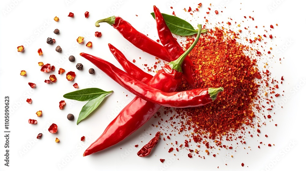 Red Hot Chili Peppers and Crushed Pepper Flakes Spread on Rustic Surface Red Hot Chili Peppers and Crushed Pepper Flakes Spread on Rustic Surface