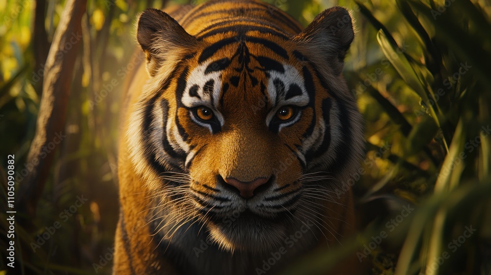 Fototapeta premium Majestic tiger staring intensely from lush jungle foliage, sunlit.