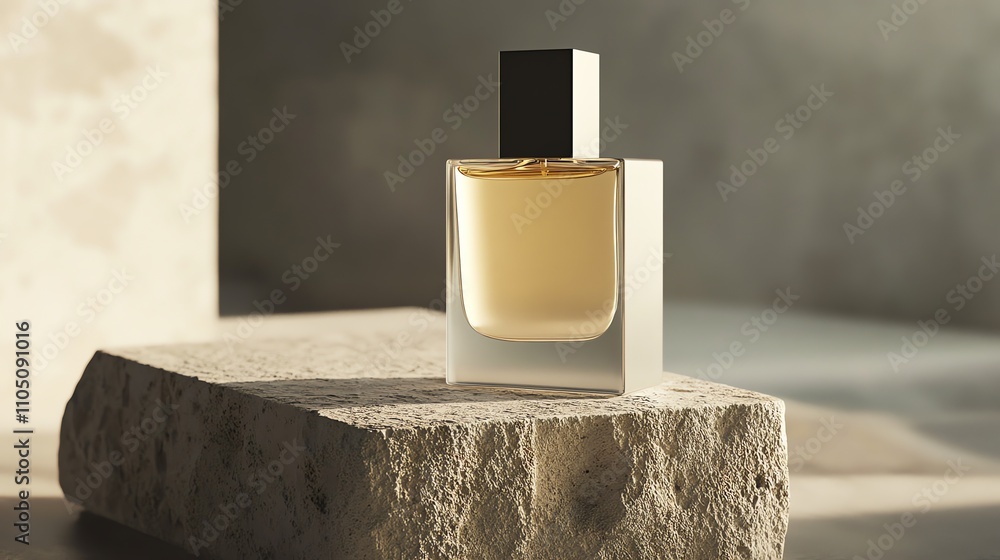 A perfume bottle on a stone platform with soft sunlight and shadows. A perfume bottle on a stone platform with soft sunlight and shadows.