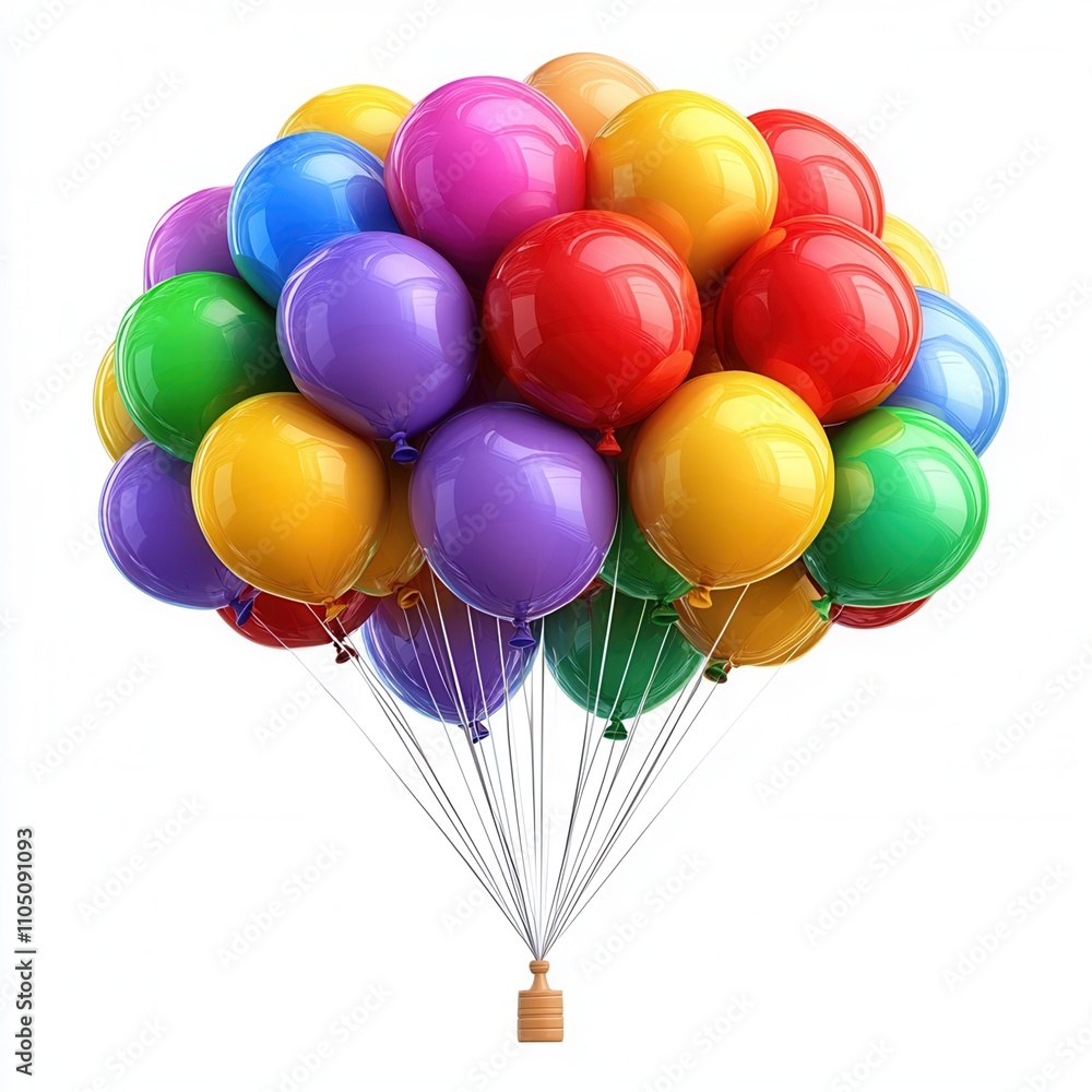 A vibrant cluster of colorful balloons, featuring red, yellow, green, purple, and blue shades, suspended by strings, perfect for celebrations or decoration. isolate on white background A vibrant cluster of colorful balloons, featuring red, yellow, green, purple, and blue shades, suspended by strings, perfect for celebrations or decoration. isolate on white background