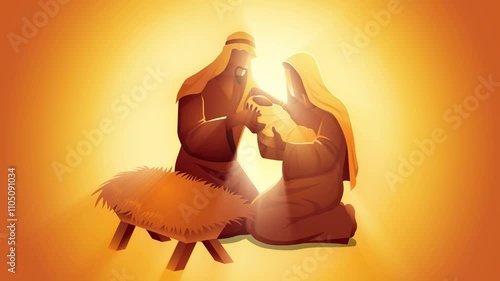 Biblical motion graphics series, nativity scene of The Holy Family, Mary and Joseph with baby Jesus, Christmas theme