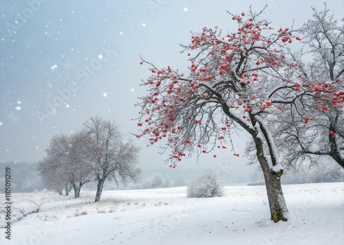 Winter snowfall with red wild ceria fruit trees. Generative AI 