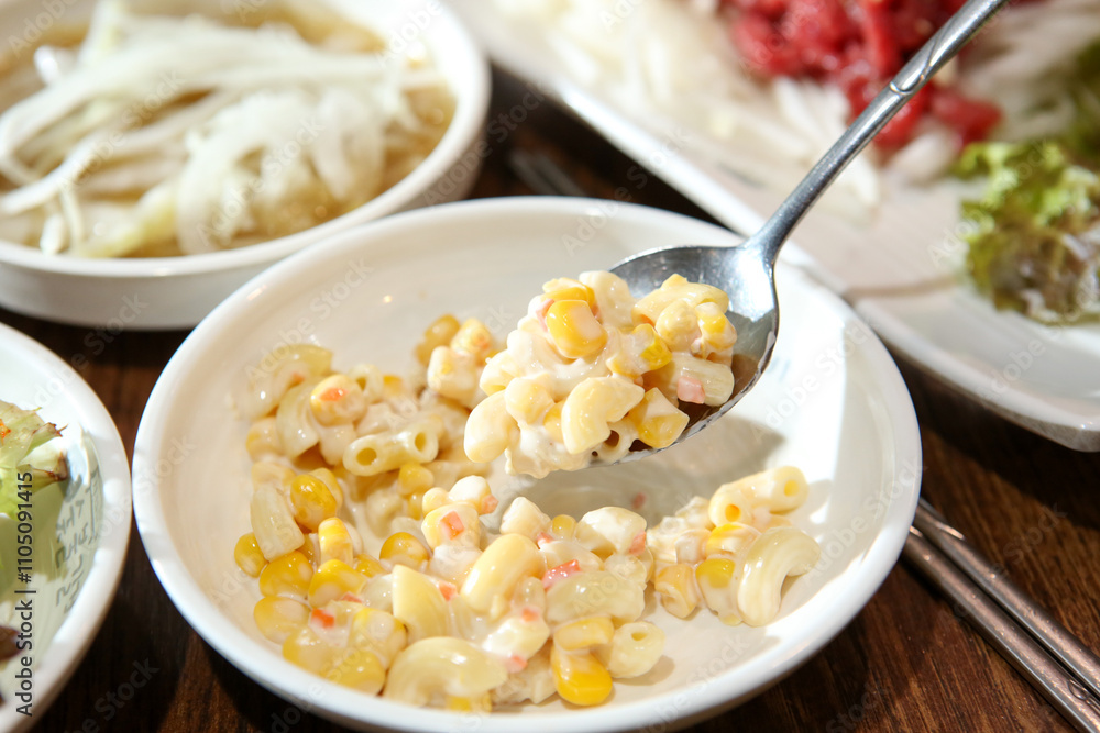 creamy food mayonnaise macaroni Salad. Korean side dish creamy food mayonnaise macaroni Salad. Korean side dish