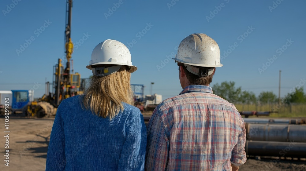 Two individuals in hard hats observing an industrial site with machinery in the background. Two individuals in hard hats observing an industrial site with machinery in the background.