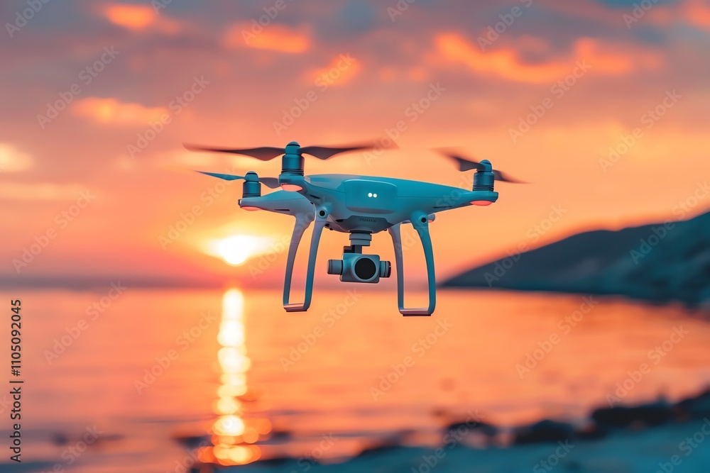 Drone flying near sunset over tranquil water.