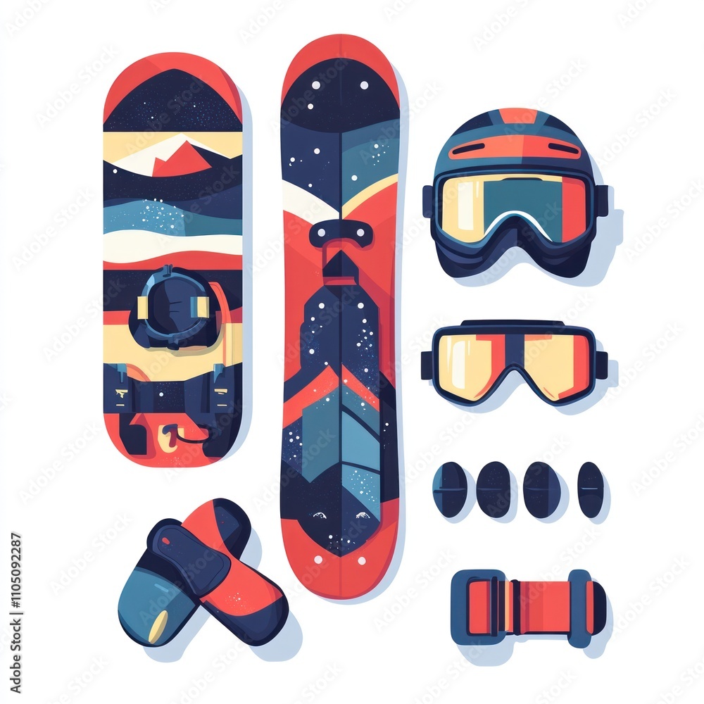 Naklejka premium Snowboarding Gear Illustration: Snowboard, Helmet, Goggles, Boots, and Straps for Winter Sports