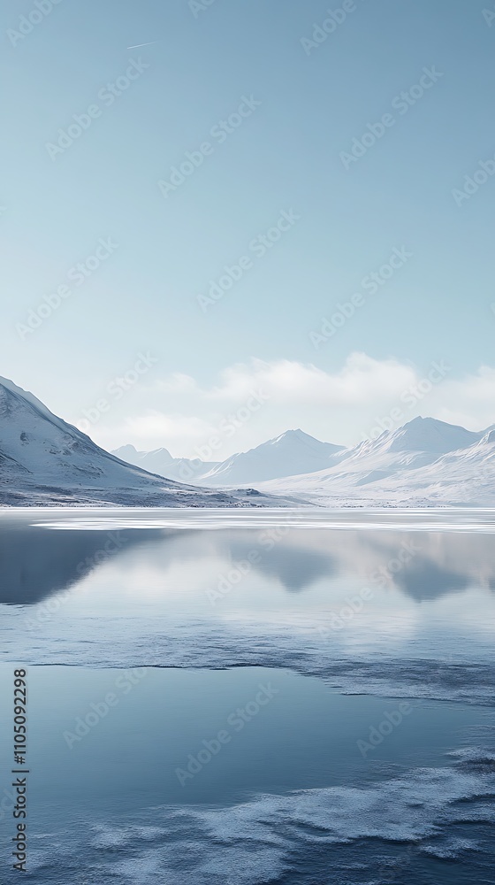 Serene Winter Landscape: Mountains Mirrored in a Frozen Lake Serene Winter Landscape: Mountains Mirrored in a Frozen Lake
