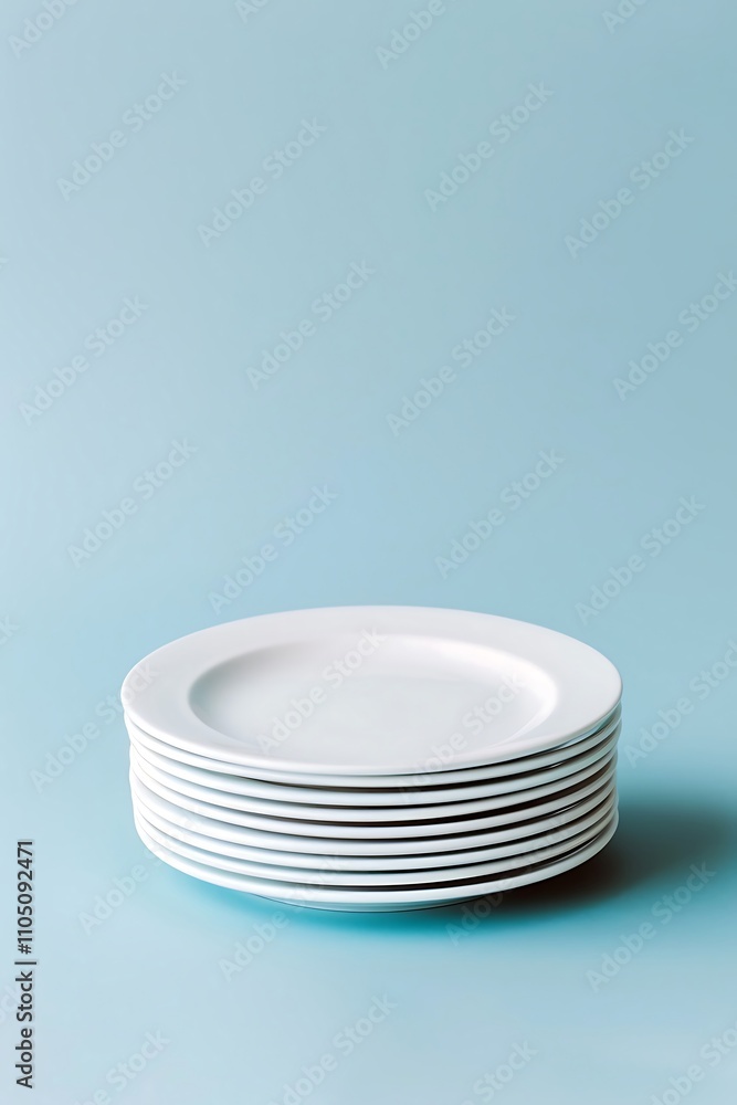 A stack of clean, white plates set against a light blue background, emphasizing minimalism and simplicity in kitchenware. A stack of clean, white plates set against a light blue background, emphasizing minimalism and simplicity in kitchenware.