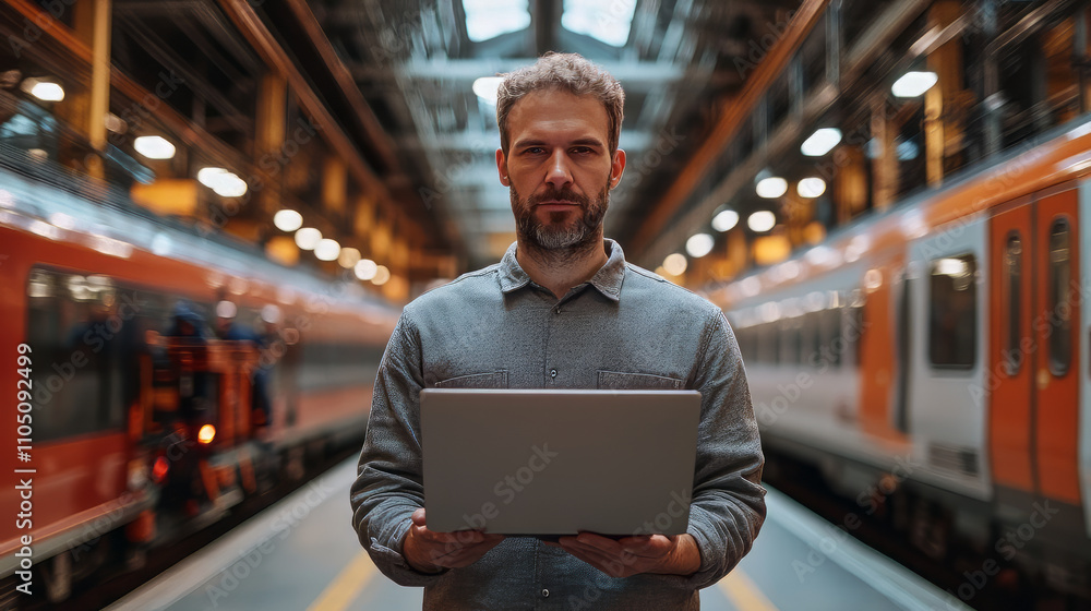 Obraz premium man with a laptop and casual clothes, collaborating with workers assemblying trains.