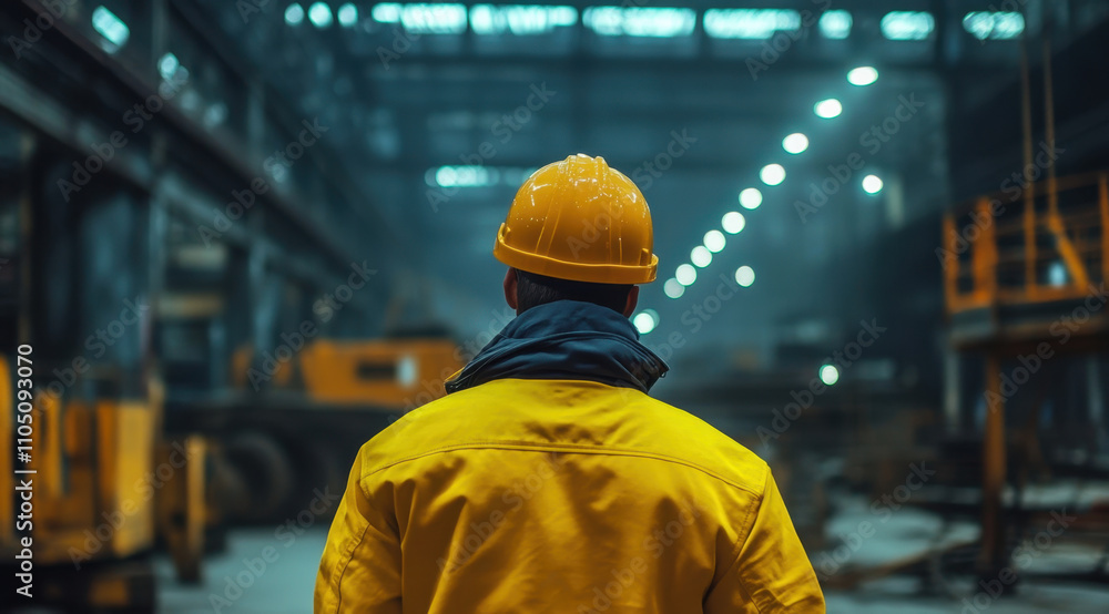 worker in yellow jacket and helmet stands in industrial warehouse, surrounded by machinery and dim lighting, conveying sense of focus and determination worker in yellow jacket and helmet stands in industrial warehouse, surrounded by machinery and dim lighting, conveying sense of focus and determination