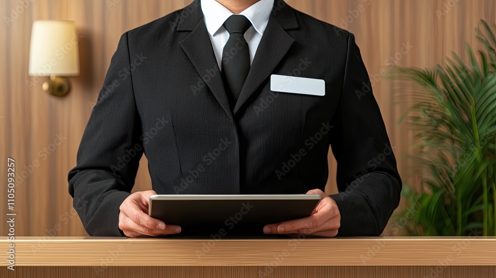 A professional hotel receptionist stands behind a desk, holding a tablet, dressed in a formal suit, with a warm, welcoming background. A professional hotel receptionist stands behind a desk, holding a tablet, dressed in a formal suit, with a warm, welcoming background.