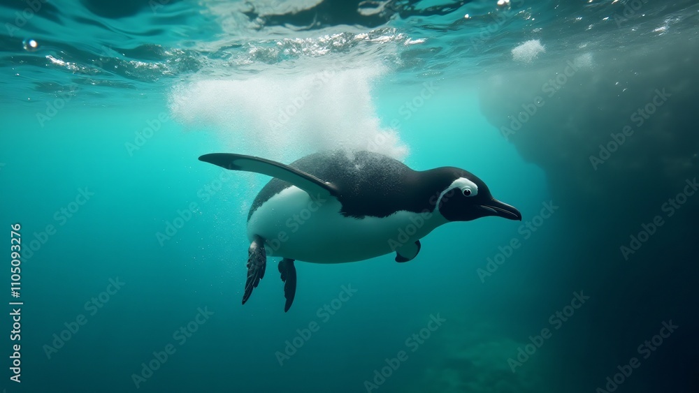 Obraz premium Create a dynamic image of a penguin diving through the clear ocean water, creating a trail of bubbles. The scene should capture its speed, agility, and the vibrant underwater world.