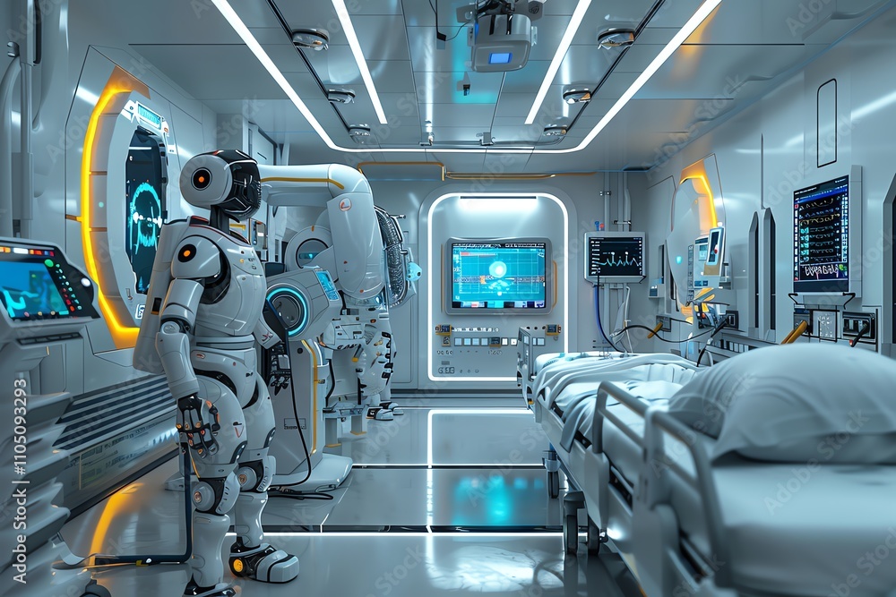 Futuristic medical facility with robotic assistants. Futuristic medical facility with robotic assistants.