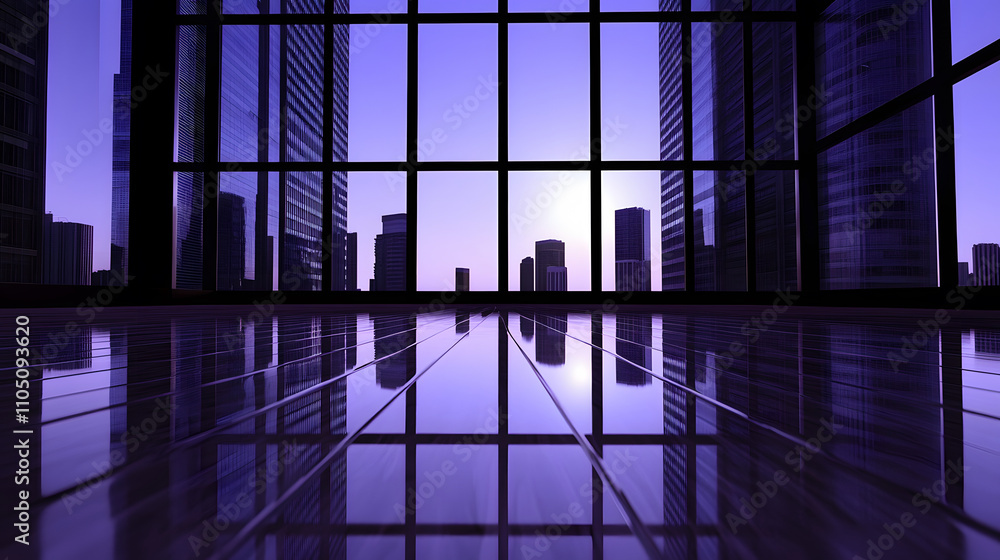 A modern office space with large windows reflecting a vibrant purple sunset over a city skyline, creating a serene and inviting atmosphere A modern office space with large windows reflecting a vibrant purple sunset over a city skyline, creating a serene and inviting atmosphere