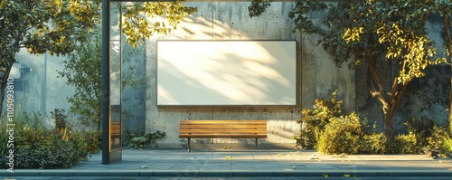 Urban autumn scene with blank white poster on concrete wall