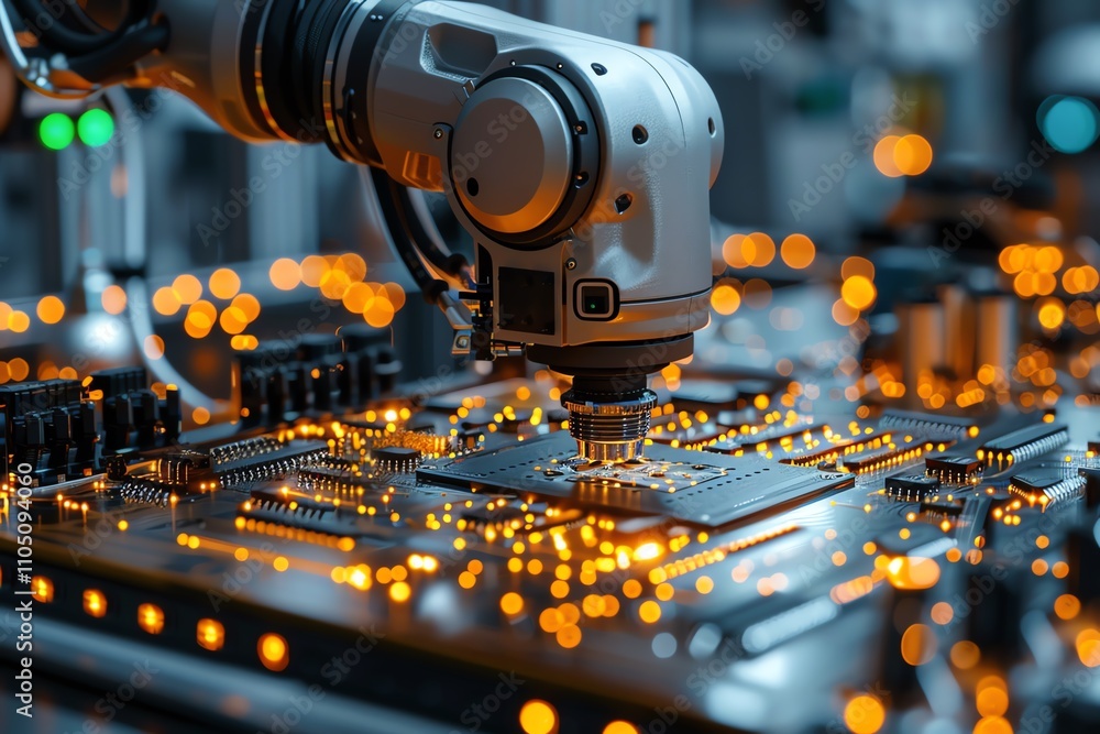 Robotic arm assembling electronic circuit board. Robotic arm assembling electronic circuit board.