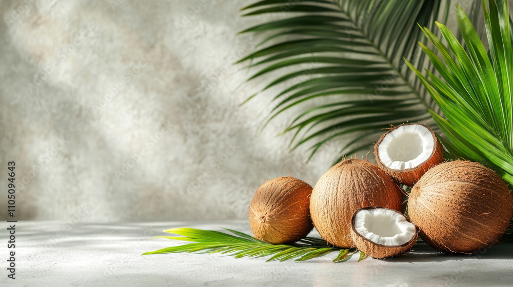 Fresh coconuts with green palm leaves on textured background create tropical vibe. whole and halved coconuts showcase their natural beauty and freshness Fresh coconuts with green palm leaves on textured background create tropical vibe. whole and halved coconuts showcase their natural beauty and freshness
