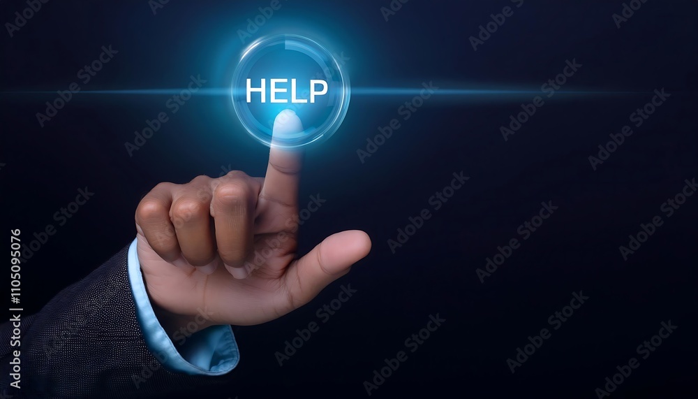 Close-up of human fingers with the help button, dark background Close-up of human fingers with the help button, dark background