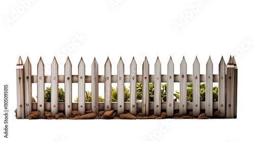 A charming weathered white picket fence with rustic appeal, ideal for garden decor or enhancing home interiors with a touch of vintage style, isolated on transparent background. photo