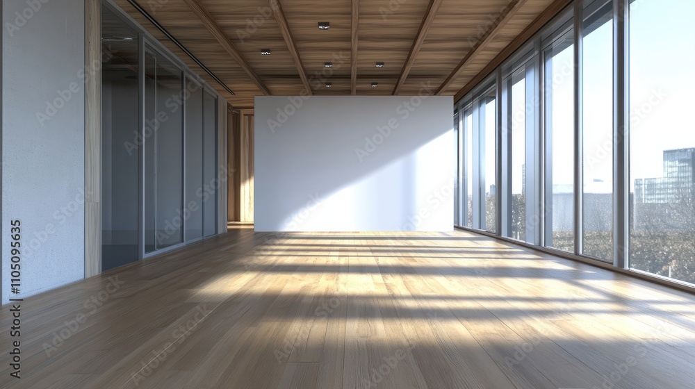 Modern office interior with empty white wall mockup, wooden floor and ceiling. Concept of workspace. 3D Rendering, Generative AI Modern office interior with empty white wall mockup, wooden floor and ceiling. Concept of workspace. 3D Rendering, Generative AI