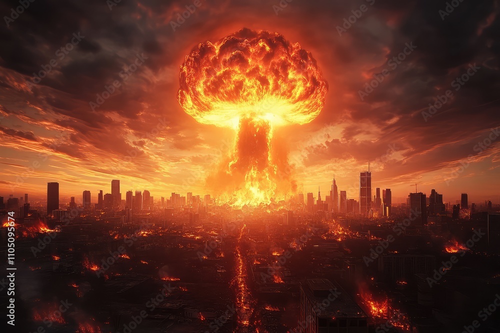 Obraz premium Nuclear Explosion, Post-Apocalyptic Cityscape with Nuclear Explosion at Sunset, bomb blast,