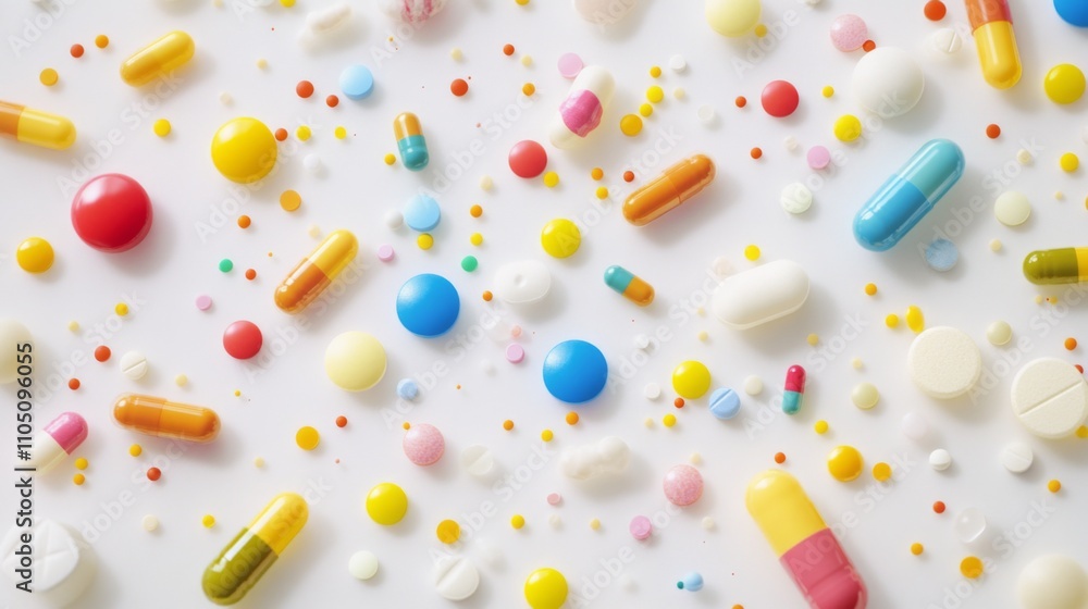 A vibrant collection of colorful pills and capsules scattered across a white surface. This image captures the essence of pharmaceuticals. Generative AI A vibrant collection of colorful pills and capsules scattered across a white surface. This image captures the essence of pharmaceuticals. Generative AI