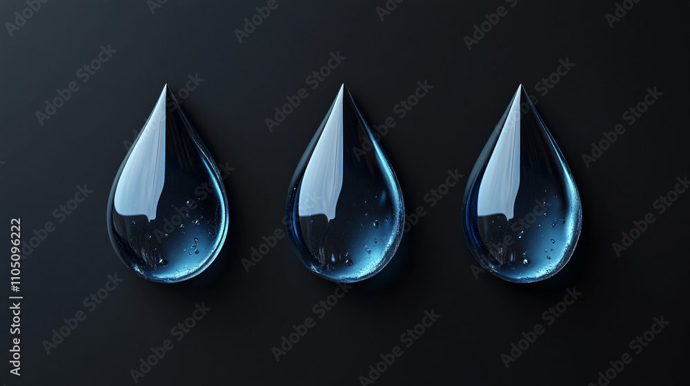 Three Blue Water Drops on Black Background Three Blue Water Drops on Black Background