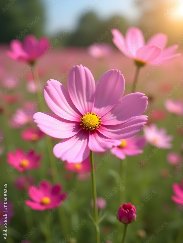 Pink cosmos flower blooming cosmos flower field, beautiful vivid natural summer garden outdoor park image. Pink cosmos flower blooming cosmos flower field, beautiful vivid natural summer garden outdoor park image.