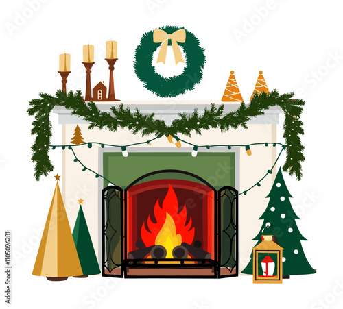 Christmas fireplace. Home fire place with candles, fir garland, wreath and Xmas decoration. Warm cozy hearth with winter holiday decor. Flat vector illustration isolated on transparent background